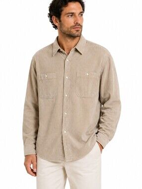 Perry Ellis Men's Beige Fine Wale Corduroy Shirt Long Sleeve Dual Pocket - 2XL